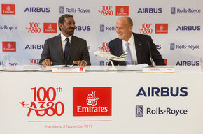 Addressing VIP guests and media at the Hamburg event; (left to right)HH Sheikh Ahmed bin Saeed Al Maktoum, Chairman and Chief Executive Officer, Emirates Airline & Group and Tom Enders, Chief Executive Officer of Airbus.