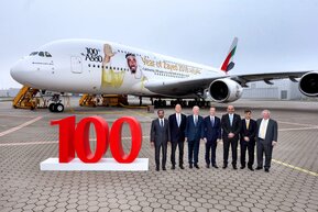 Emirates unveiled a special tribute to the late HH Sheikh Zayed bin Sultan Al Nahyan, founding father of the United Arab Emirates - bespoke livery on its 100th A380.
From left to right: HH Sheikh Ahmed bin Saeed Al Maktoum, Chairman and Chief Executive Officer, Emirates Airline & Group, Tom Enders, Chief Executive Officer of Airbus , Sir Tim Clark, President Emirates Airline , Fabrice Brégier, Chief Operating Officer of Airbus and President Commercial Aircraft , HE Ali Al Ahmed, UAE Ambassador to Germany , Adel Al Redha, Emirates Executive Vice President and Chief Operating Officer and John Leahy, Chief Commercial Officer – Customers – Commercial Aircraft of Airbus.