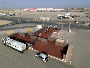 Dedicated horse ramp at Dubai World Central Horses transported by Equine transport company Equitrans passing through the dedicated horse ramp to enter the horse stall.jpg