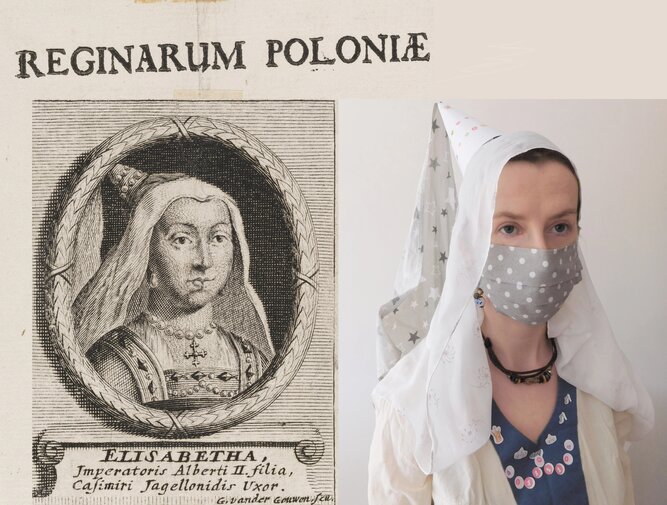 Zdjęcie przedstawia z lewej portret królowej w czepcu. Po prawej współczesne zdjęcie kobiety imitującej jej ubiór noszącej maskę. 