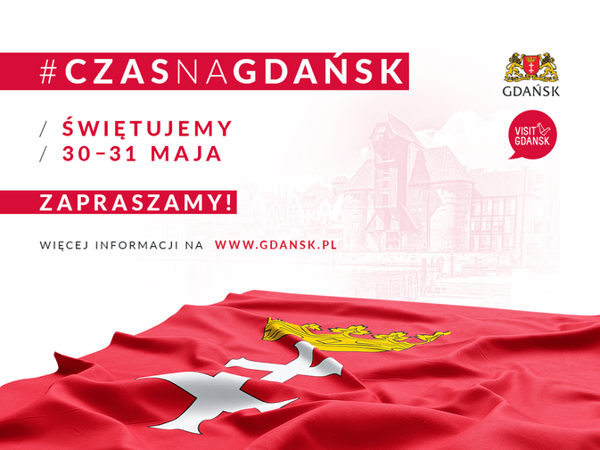 Plakat promocyjny akcji Czas na Gdańsk. Na dole czerwona flaga z herbem Gdańska. Na górze napis akcji Czas na Gdańsk.  