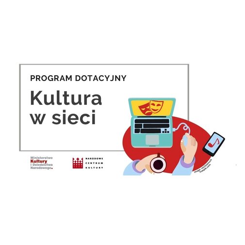 Na grafice wpisany w dwóch liniach prostokąt napis Kultura i niżej w sieci. Po prawej rysunek komputera na stoliku i dłonie.  