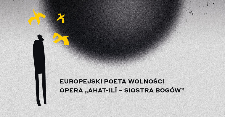 Szaro-czarna grafika przedstawia czarną kulę w centrum zdjęcia. Po lewej stronie od niej sylwetka człowieka otoczona żółtymi ptakami. 
