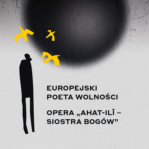 Szaro-czarna grafika przedstawia czarną kulę w centrum zdjęcia. Po lewej stronie od niej sylwetka człowieka otoczona żółtymi ptakami. 