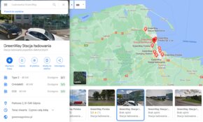 na Mapach Google zobaczymy nie tylko lokalizację stacji w sieci Greenway, ale także liczbę dostępnych w danej chwili złączy na danej stacji.
Źródło: GoogleMaps
