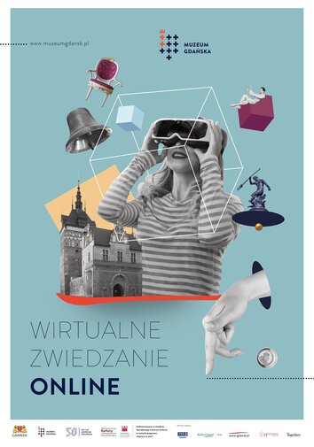 Grafika promująca projekt wycieczek online. W centrum kobieta z wirtualnymi goglami na głowie. Obok animowane budynki i przedmioty oraz adres www.wirtualne.muzeumgdansk.pl