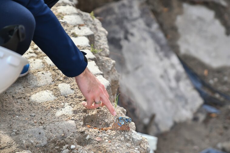 Zdjęcie przedstawia wykop archeologiczny. W lewym górnym rogu ręka wskazuje na przedmiot zalegający płytko pod ziemią. Pod nią fragment kostki brukowej.