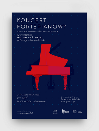 Grafika wydarzenia "Fantazje dawnego Gdańska" przedstawia czerwony, otwarty fortepian na granatowym tle.

Wskazuje linki z transmisjami online do wydarzenia www.gdansk.pl oraz profil Muzeum Gdańska na Facebooku.  