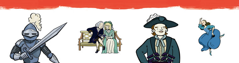 grafika przedstawia narysowane postacie. Z lewej rycerz trzymający miecz, potem mężczyznę i kobietę na ławeczce, mężczyznę w kapeluszu i panienkę w sukni. Postacie znajdują się na froncie, tj. rycerz i mężczyzna w kapeluszu. W głębi para i panienka. U góry czerwony pasek udający pociągnięcie pędzlem. 