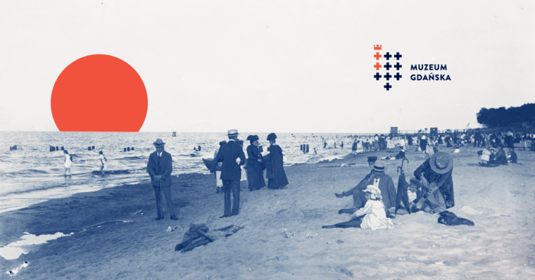 Grafika wydarzenia. Na ilustracji ludzie na plaży. Nad horyzontem słońce. Po lewej logotyp Muzeum Gdańska.
