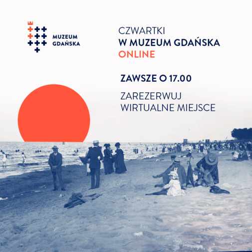 Grafika wydarzenia. Na ilustracji ludzie na plaży. Nad horyzontem słońce. Po lewej logotyp Muzeum Gdańska.