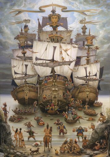 Obraz przedstawia trzy okręty przy brzegu Ameryki. Indianie spoglądają na okręty, podpływają łódkami. Koloniści schodzą na brzeg. 