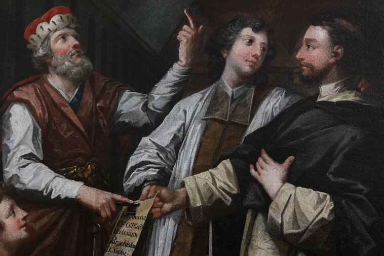 Fragment obrazu. Trzy postacie - z lewej władca w koronie, książę Świętopełk. W środku osoba i z prawej dominikanin - św. Jacek.  
