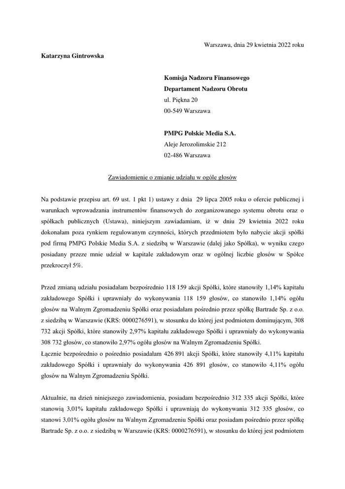 Zawiadomienie KG Akcje PMPG 29 04 22 publikacja