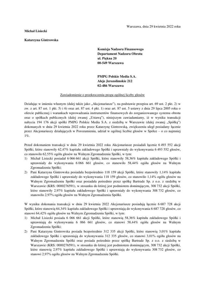Zawiadomienie Akcje KNF MML KG Porozumienie 29 04 2022 publikacja
