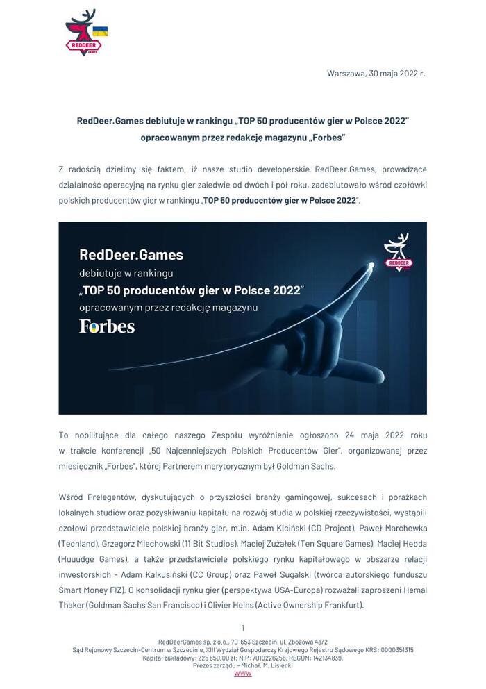 2022 05 30 RedDeer Games debiutuje w rankingu TOP 50 producentów gier w Polsce 2022