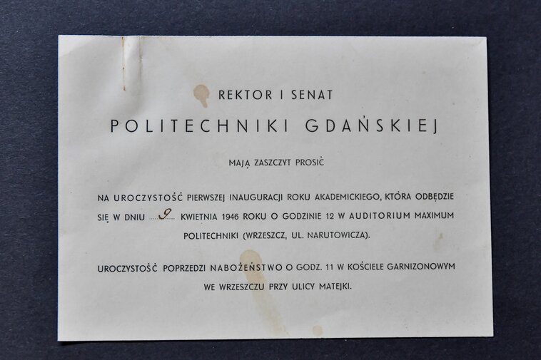 Zaproszenie na pierwszą inaugrację roku akademickiego na Politechnice Gdańskiej po II wojnie światow