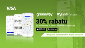 Użytkownicy samochodów elektrycznych, którzy pobiorą nową aplikację EV Klub Polska mogą zapłacić kartą Visa za ładowanie swoich pojazdów na stacjach sieci GreenWay Polska z 30% rabatem. Akcja potrwa do końca roku.