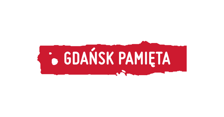 Grafika. Na białym tle biały napis Gdańsk pamięta w czerwonym polu. 