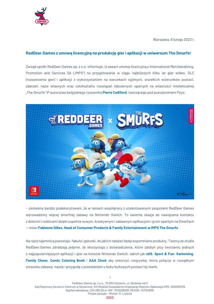 2023 02 06 RedDeer Games z umową licencyjną na produkcję gier i aplikacji w uniwersum The Smurfs!