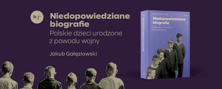 Grafika serii spotkań Niedopowiedzianych biografii. Na fioletowym tle po prawej stronie okładka publikacji. Po lewej nazwa książki. Na dole dzieci. 