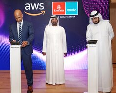 The Emirates Group in collaboration with AWS have signed an agreement to develop an immersive Extended Reality (iXR) platform to transform its employee experiences. From left: Al Opher, Vice President of Professional Services - AWS; His Highness Sheikh Ahmed bin Saeed Al Maktoum, Chairman & Chief Executive - Emirates Airline & Group; Adel Al Redha, Chief Operating Officer - Emirates Airline