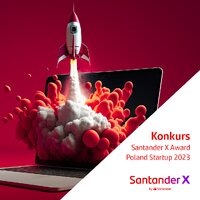 Grafika przedstawiająca startującą rakietę z napisem Santander X Award Poland Startup 2023. 