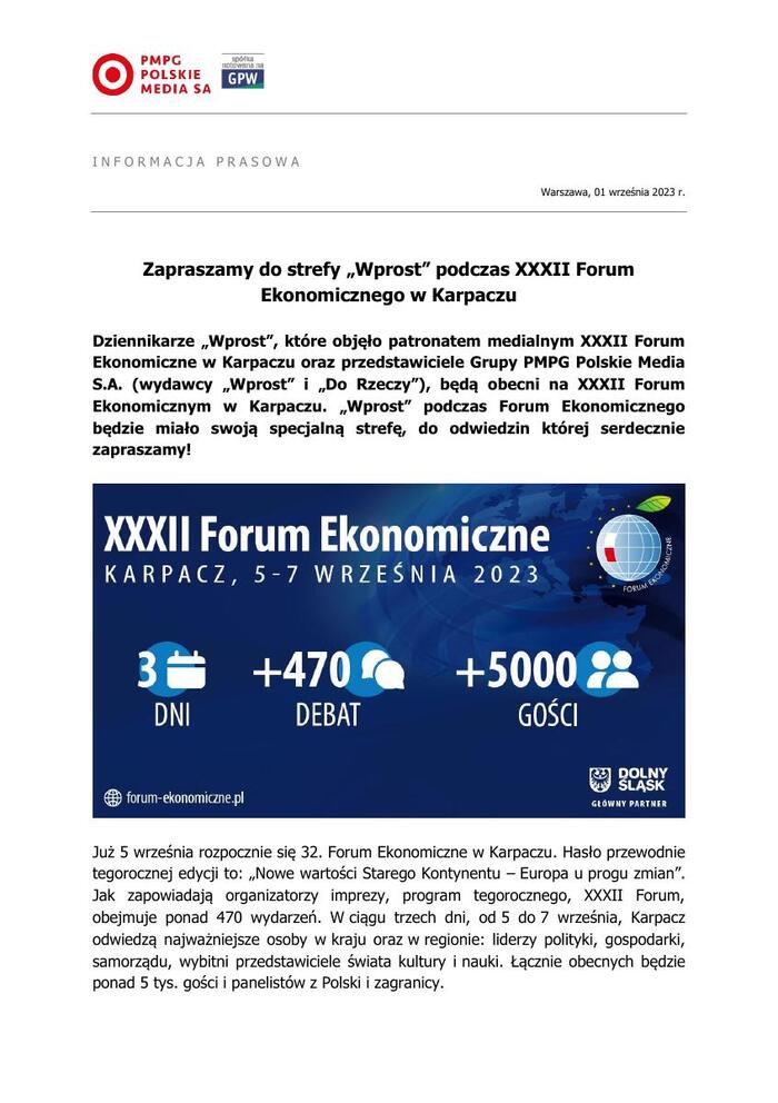 2023 09 01 Zapraszamy do strefy „Wprost” podczas XXXII Forum Ekonomicznego w Karpaczu