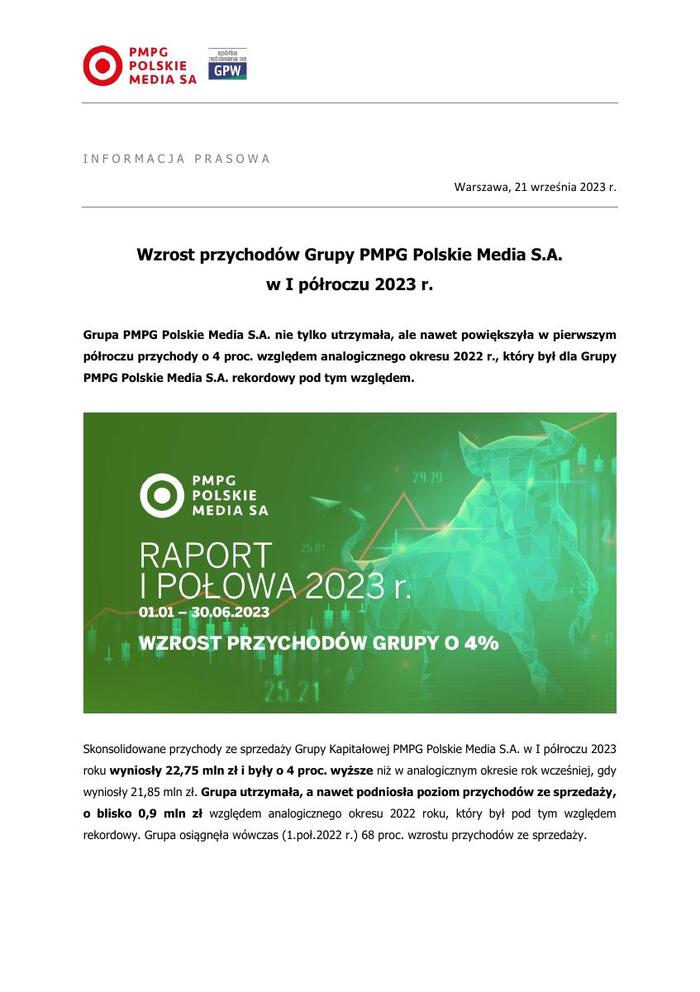 Wzrost przychodów Grupy PMPG Polskie Media S A  w I połowie 2023 r 