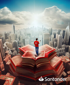 Artystyczna grafika przedstawiająca młodego chłopaka, który stoi na szczycie wieżowca z książek.