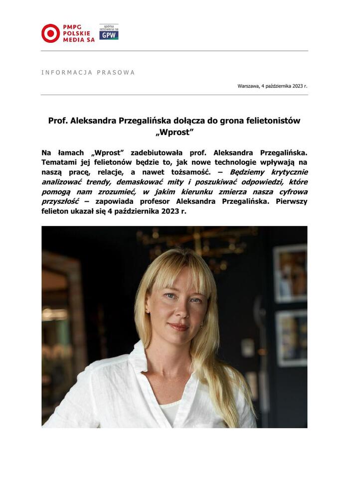 2023 10 04 Prof  Aleksandra Przegalińska dołącza do grona felietonistów „Wprost”