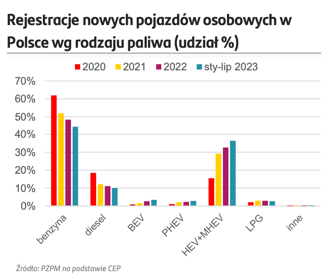 Rejestracje nowych pojazdów osobowych w Polsce wg rodzaju paliwa