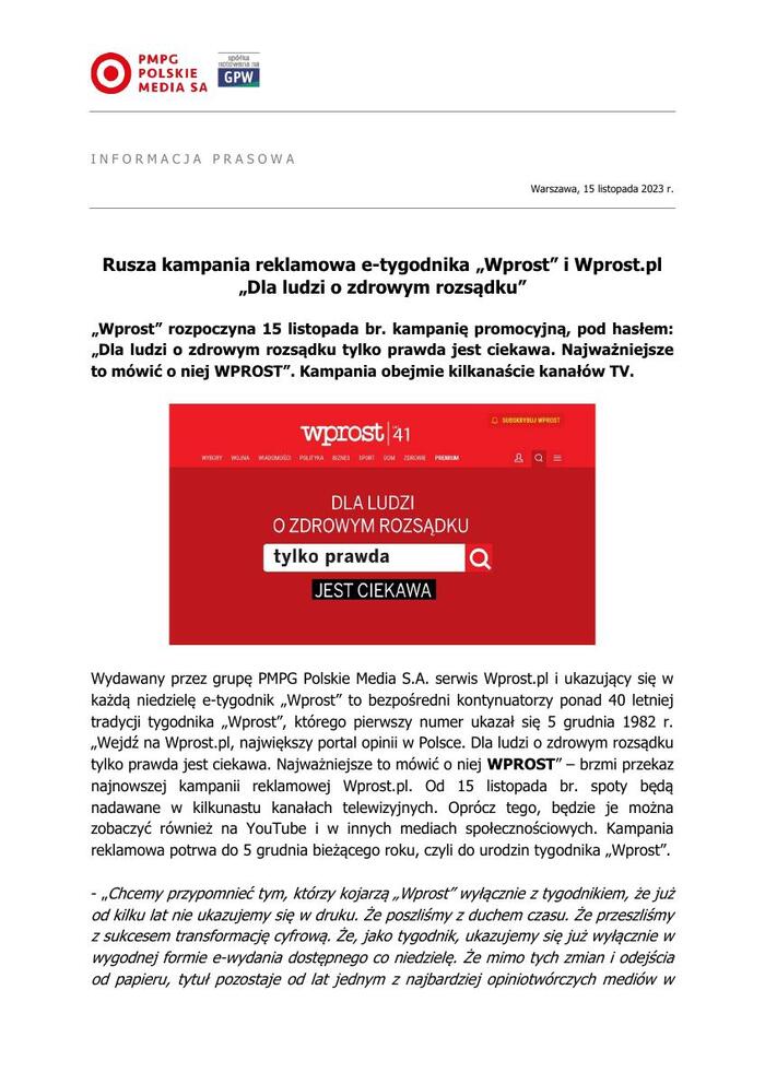 2023 11 15 Rusza kampania reklamowa e-tygodnika „Wprost” i Wprost pl