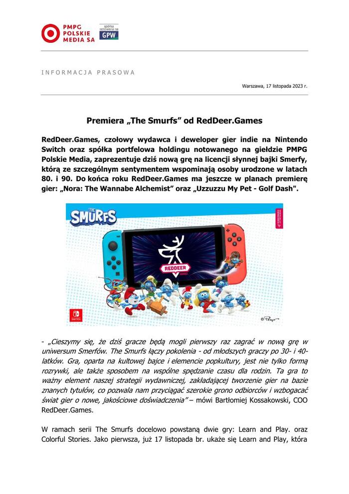 2023 11 17 Dziś premiera The Smurfs od RedDeer Games - informacja prasowa