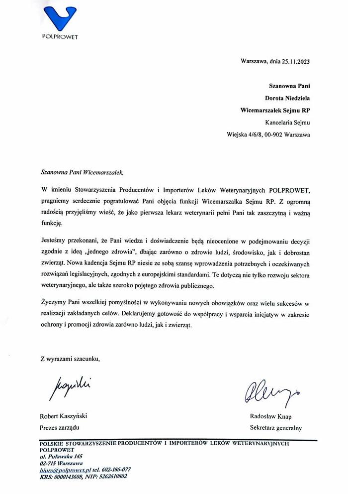 list gratulacyjny Marszałek Niedziela z Polprowet[1]