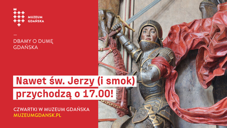 Grafika programu Czwartki w Muzeum Gdańska.Na czerwonym tle rycerz, św. Jerzy z wyciągniętym mieczem. 