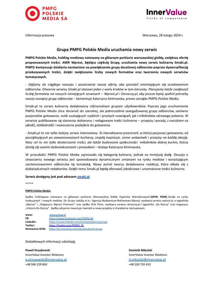 Grupa PMPG Polskie Media uruchamia nowy serwis Smaki pl - informacja prasowa