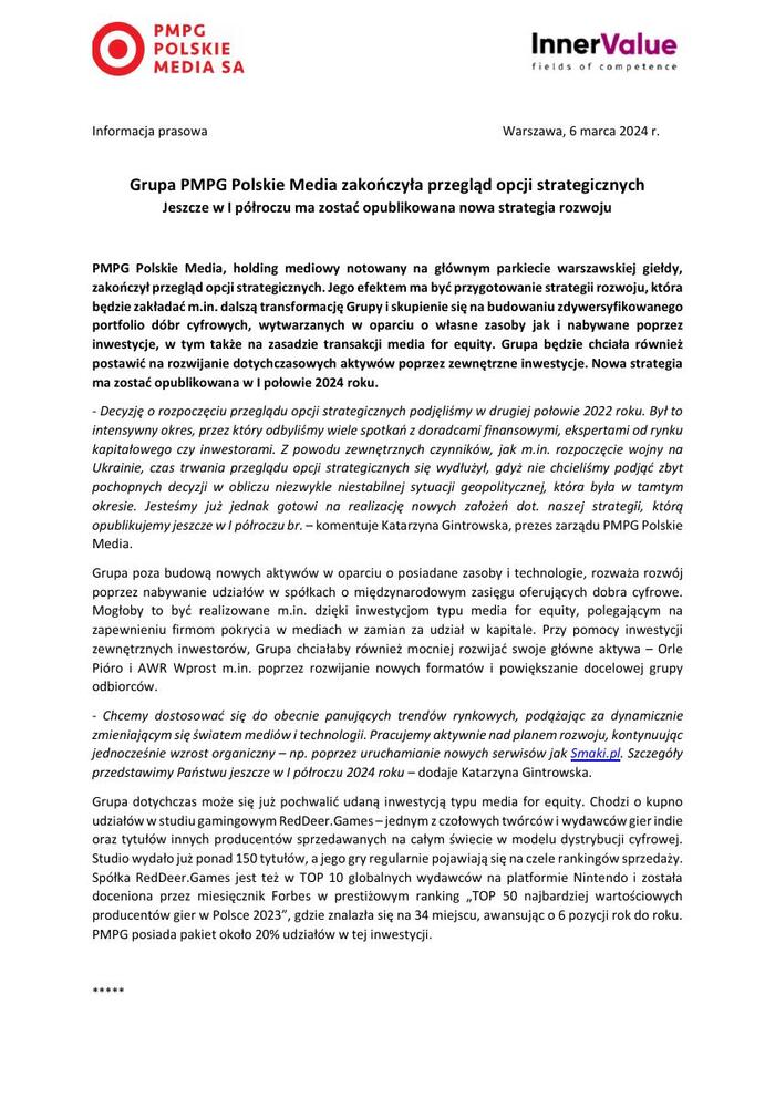 Grupa PMPG Polskie Media zakończyła przegląd opcji strategicznych - informacja prasowa