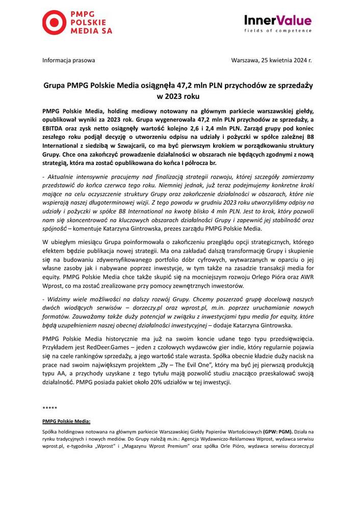 Grupa PMPG Polskie Media osiągnęła 47,2 mln PLN przychodów ze sprzedaży w 2023 roku - informacja pra