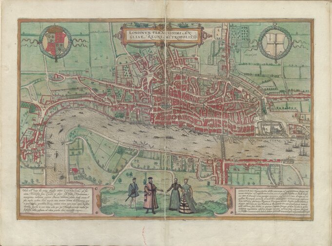 Georg Braun, Hans Hogenberg, Widok Londynu zamieszczony w dziele Civitates orbis terrarium. Urbium praecipuarum totius mundi, 1612 r.
Ze zbiorów Biblioteki Gdańskiej Polskiej Akademii Nauk
