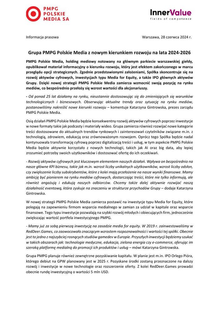 Grupa PMPG Polskie Media z nowym kierunkiem rozwoju na lata 2024-2026 - informacja prasowa