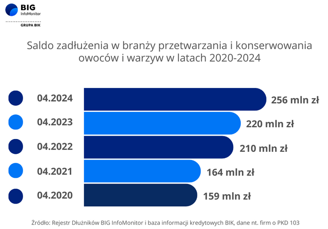 Saldo zadłużenia w branży przetwarzania i konserwowania owoców i warzyw w latach 2020-2024