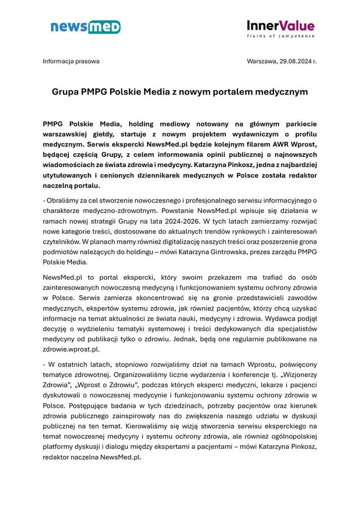 Grupa PMPG Polskie Media z nowym portalem medycznym - informacja prasowa 