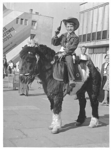 Koń do zdjęć przed pawilonem LOT przy ul  Wały Jagiellońskie, 1976, arch  prywatne