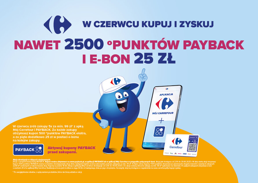 Czerwcowa akcja Carrefour i PAYBACK – klienci zyskają choćby 2500 punktów i 25 zł w e-bonie za zakupy z aplikacją “Mój Carrefour”
