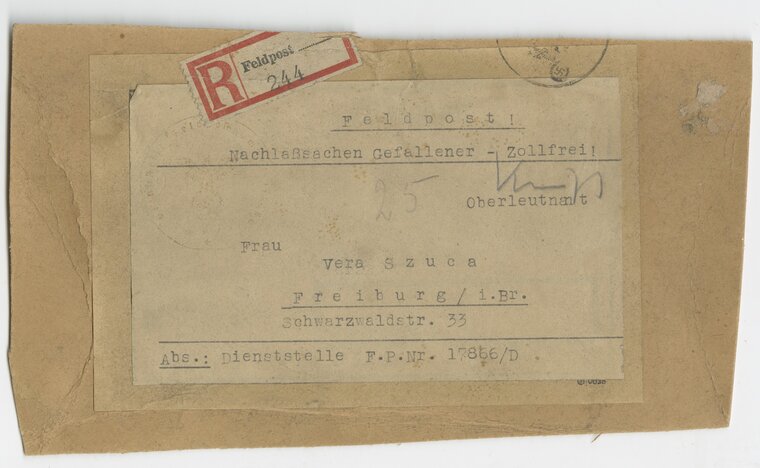 Wieczko pudełka, w którym Wehrmacht dosłał osobiste rzeczy Stanisława na adres matki Very Szuca.