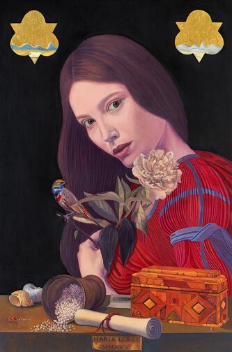 CUSTODIA, 2025 Maria Lorek 24-karatowe złoto płatkowe, olej na desce  30 x 21 cm,  mat  ToTuart