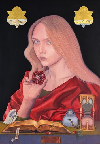 REVELATIO, 2025 Maria Lorek 24-karatowe złoto płatkowe, olej na desce  30 x 21 cm,  mat  ToTuart