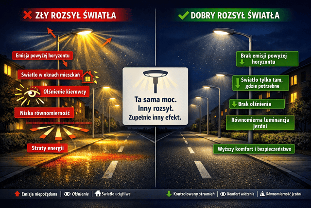schemat właściwego i&nbsp;niewłaściwego oświetlenia ulicznego