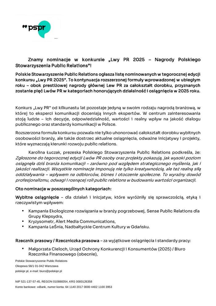 Lwy PR 2025 znamy nominowanych 18-2 informacja prasowa